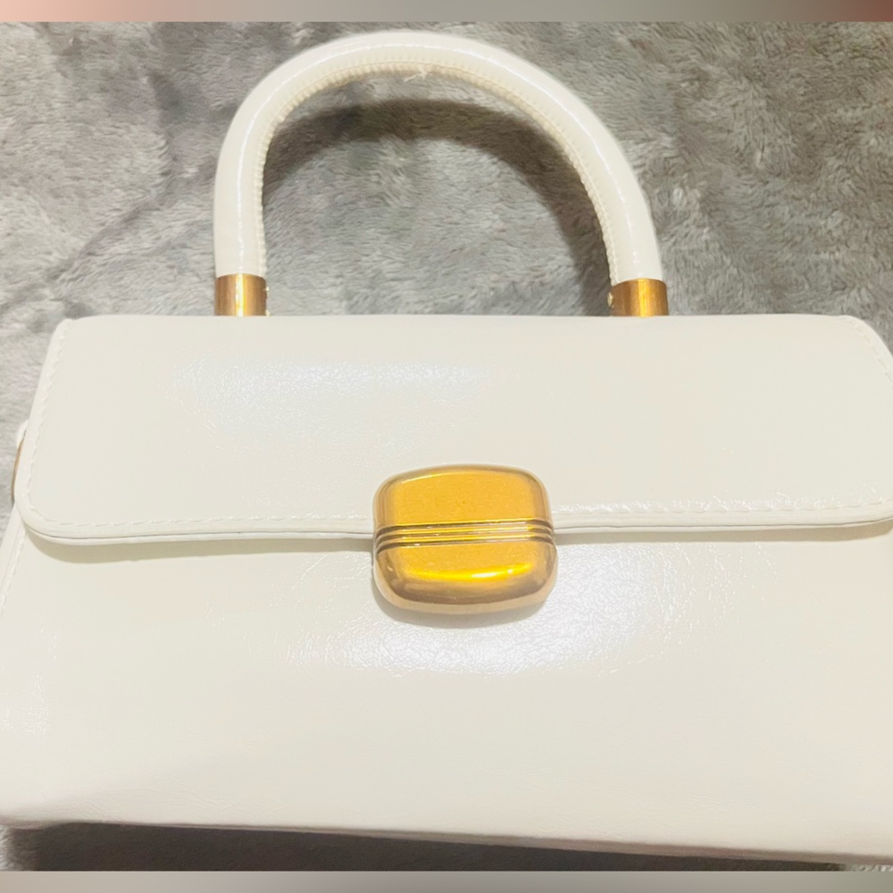 White Women's Top-Handle Bag with Gold Accent
